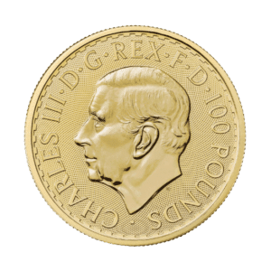 Gold Britannia Coin featuring a profile of King Charles III with inscriptions around the edge denoting his title.