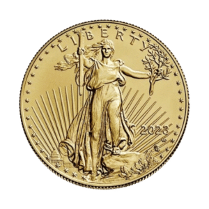 American Gold Eagle coin depicting Lady Liberty holding a torch and branch, with a mountain landscape in the background, dated 2023.