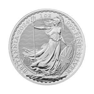 A 1 oz silver britannia coin featuring the iconic figure of britannia holding a trident and shield, detailed in high relief against a smooth background.