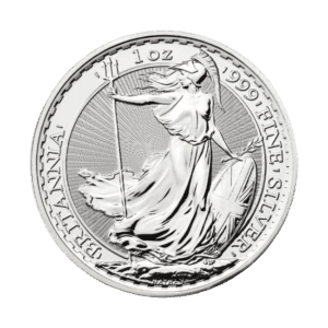 A 1 oz Silver Britannia Coin featuring the iconic figure of Britannia holding a trident and shield, with the inscription "1oz 999 fine silver Britannia" around the edge.