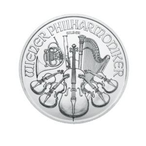 Illustration of a 1 oz coin featuring an ensemble of orchestral instruments including violins, a French horn, and a harp, adorned with the text "Wiener Philharmoniker Sil