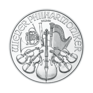 A 2024 silver coin featuring intricately engraved images of various musical instruments, including a violin, trumpet, and harp, encircled by the text "Austrian Philharmonic Silver