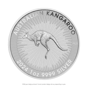 Australian silver kangaroo coin featuring an engraved kangaroo, surrounded by radial lines and text indicating silver purity and random year.