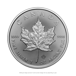 A 1 oz silver canadian maple leaf coin featuring a detailed maple leaf design and inscriptions about its weight and purity on a green background.