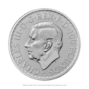 A 2022 British one pound coin featuring the profile of King Charles III facing left, with inscriptions around the edge, and designed as a 1 oz silver piece.