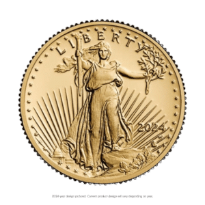 A random year american gold eagle coin featuring lady liberty holding a torch and an olive branch, with rays of sun in the background and stars above.