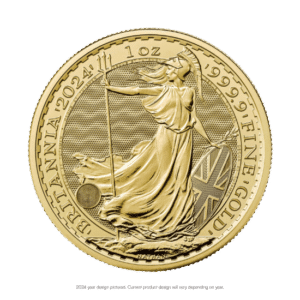 A 2021 british 1 oz gold britannia coin depicting the figure of britannia with a trident and shield, encircled by inscriptions and symbols.