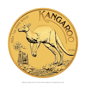 A gold coin featuring a kangaroo and a windmill, labeled "kangaroo" at the top and "Random Year 1 oz .9999 gold" along the bottom edge.