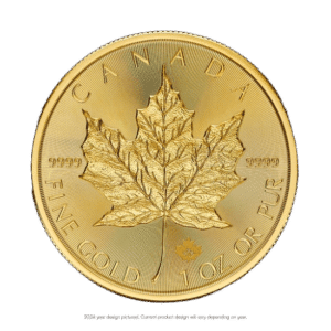 A canadian gold maple leaf coin featuring a detailed maple leaf and inscriptions "canada," "99999," and "1 oz gold.