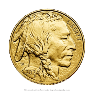 A 2024 1 oz gold american gold buffalo coin featuring a profile of a native american man with a headdress, marked with "liberty" and mint marks "w" and "f.