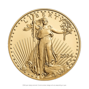 2024 american gold eagle coin featuring lady liberty holding a torch and olive branch, with rays and stars in the background.