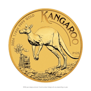 2021 gold kangaroo coin featuring an engraved kangaroo and a windmill, labeled 'kangaroo' and marked '1/4 oz 9999 gold'.
