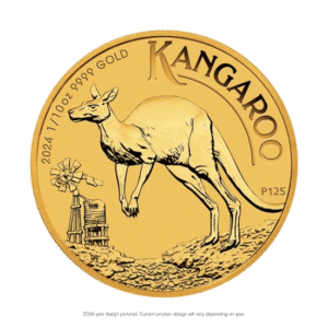 A random year gold kangaroo coin depicting a kangaroo and a windmill in a stylized desert landscape, with text detailing the metal purity and weight.