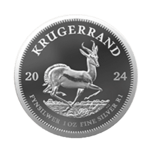 A 2024 silver krugerrand featuring an engraving of a springbok antelope on one side, with text detailing the weight and material.