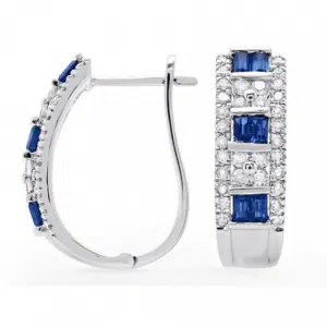 Silver hoop earrings with blue sapphires and diamonds, perfect for elegant jewelry collections.