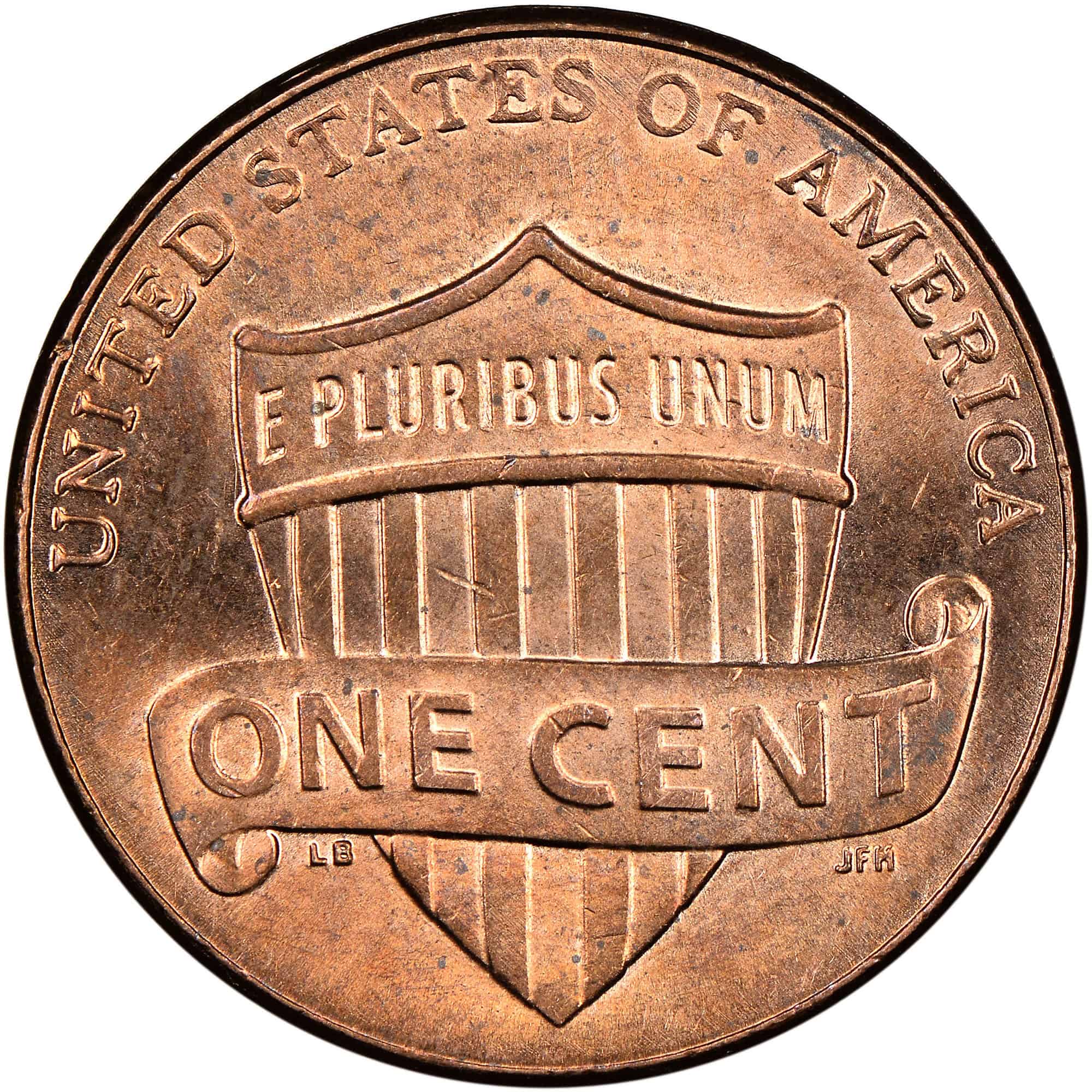 Copper penny with shield and "E Pluribus Unum" inscription.