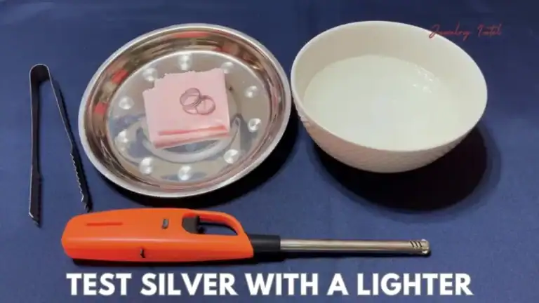 Close-up of silver testing with a lighter, a small metal plate, and a bowl of water for purity verif.