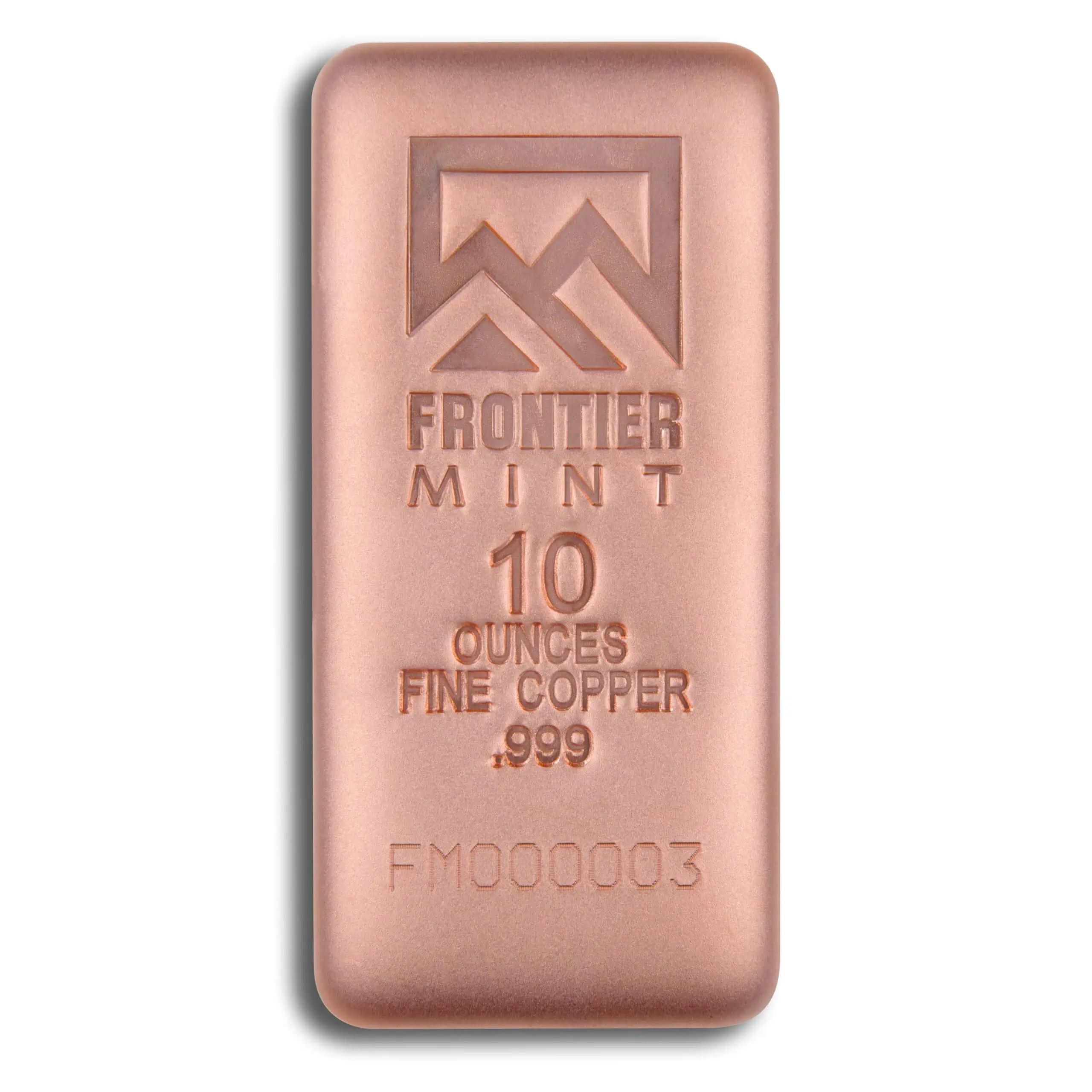 10 oz Copper Bar - Frontier Mint 1 10 oz copper bar from Frontier Mint with engraved logo and weight details.