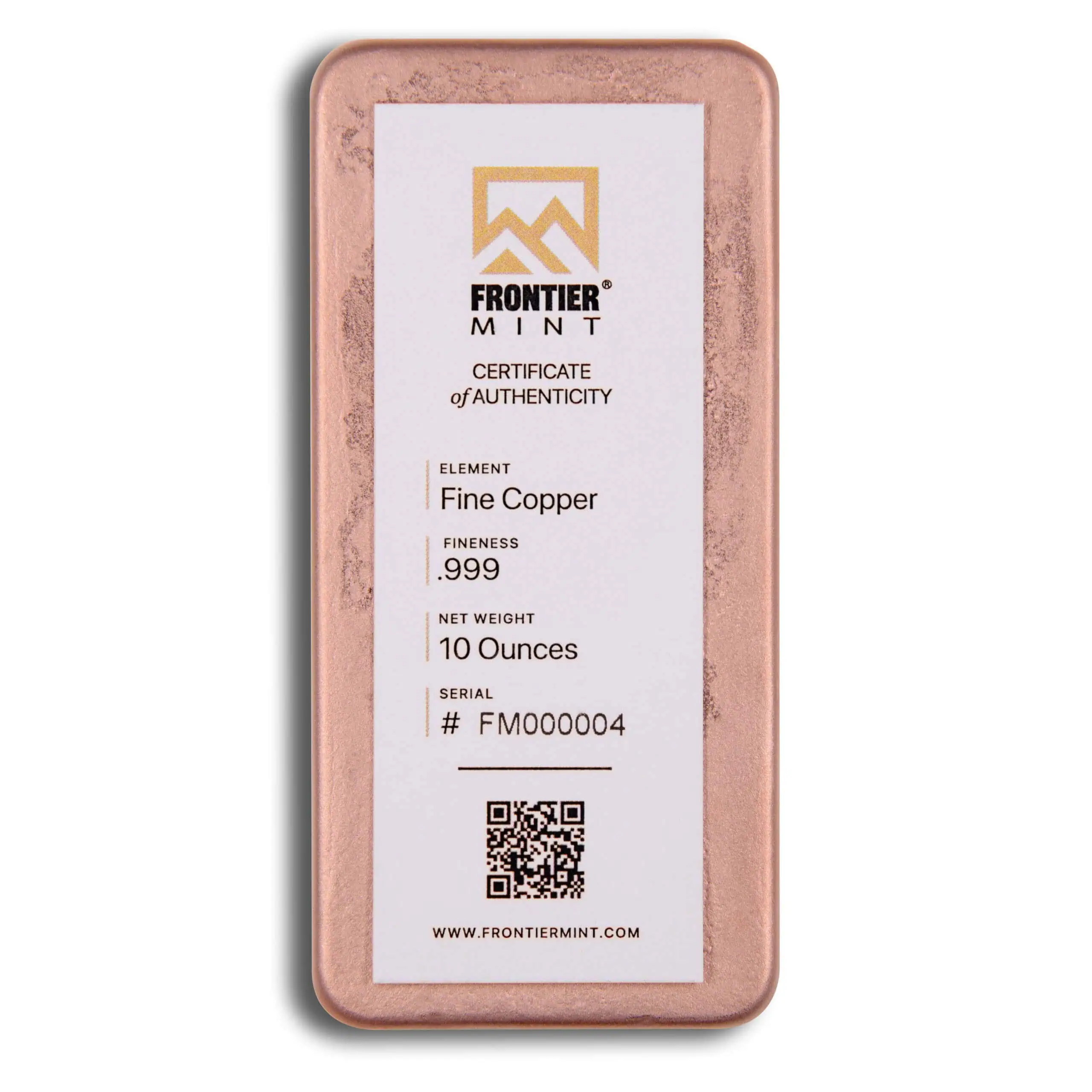 10 oz Copper Bar - Frontier Mint 2 Quality 10 oz copper bar with Frontier Mint branding and authenticity certificate.