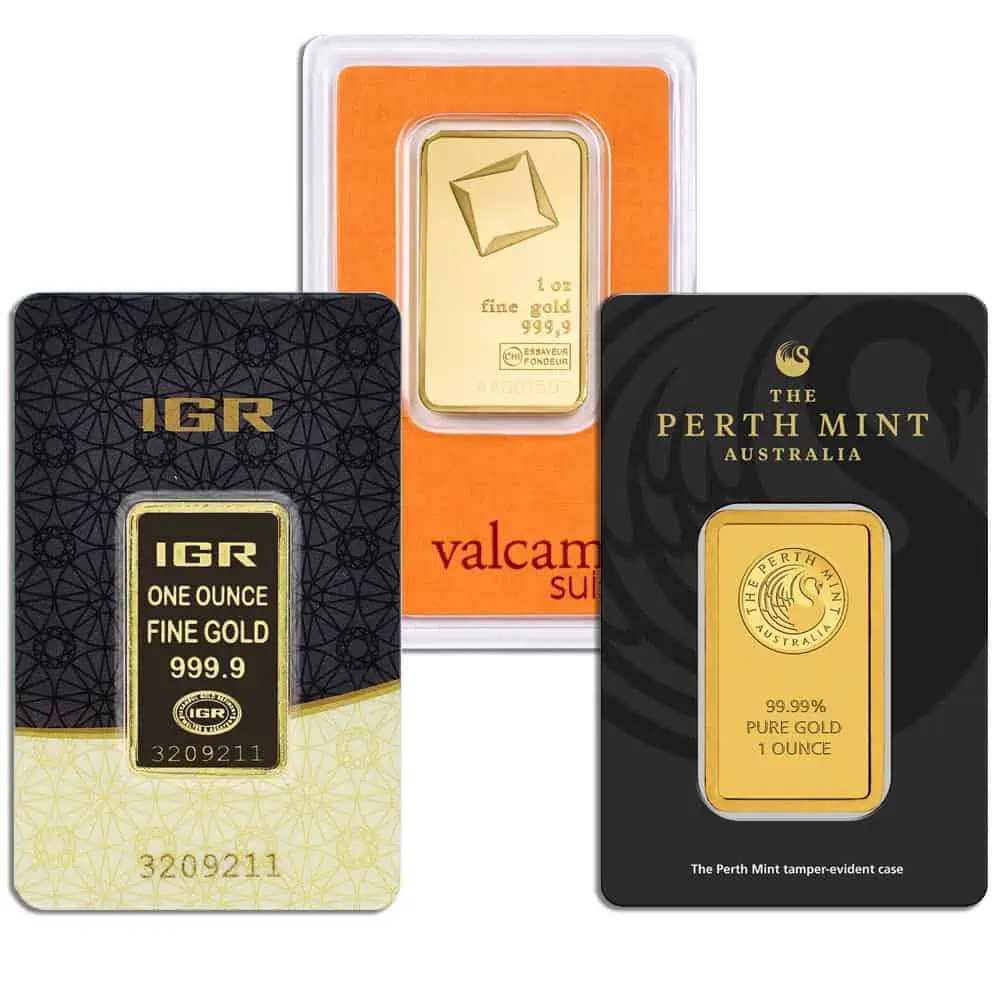 1 oz Gold Bar - Brand Varies .9999 (Carded) 1 Gold bullion bar in protective case, high purity .9999 fine gold, ideal for investment.