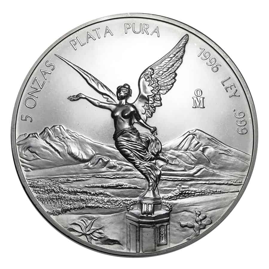5 oz Silver Mexican Libertad - BU 1 5 oz Silver Mexican Libertad BU coin showing Winged Victory obverse and Mexican Coat of Arms reverse
