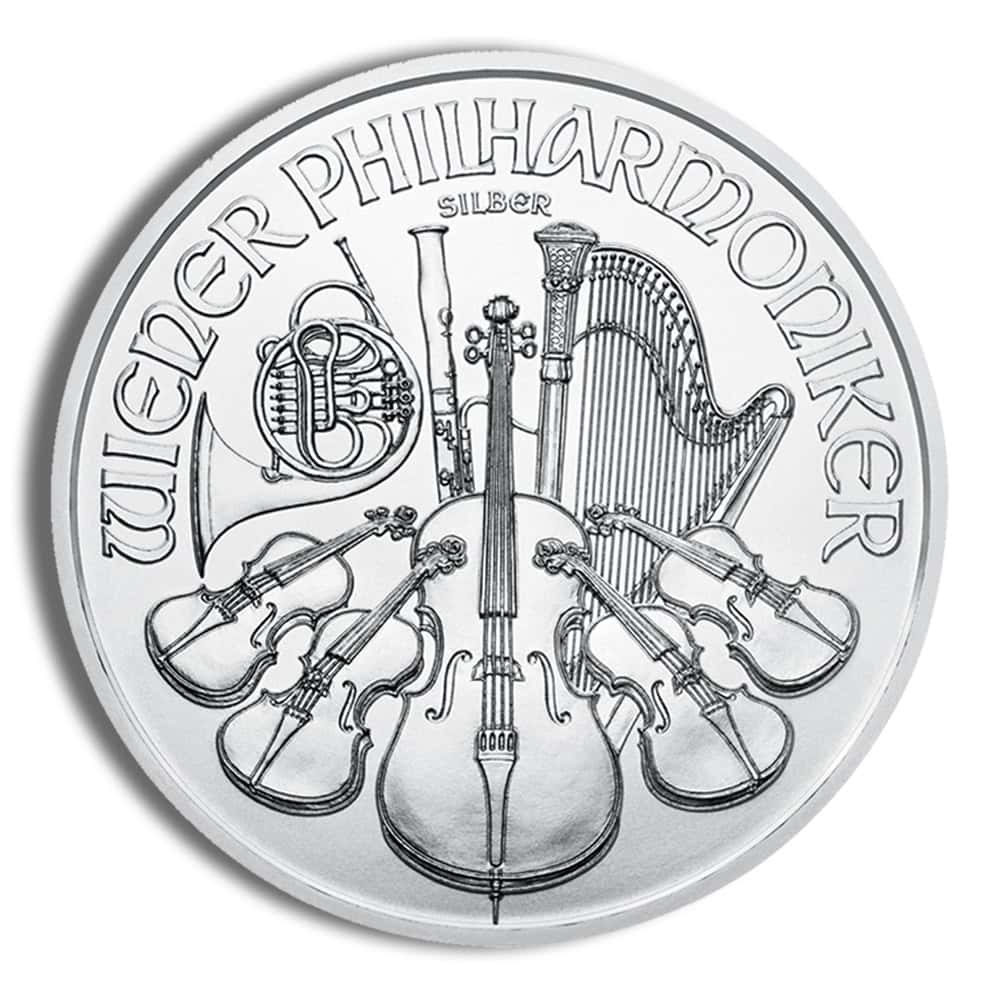 1 oz Austrian Philharmonic Silver (Random Year) 1 Precious metals investment coin featuring Austrian Philharmonic with violin, harp, and other classic.
