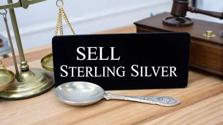 Sign reading "Sell Sterling Silver" with a silver spoon on a wooden surface.
