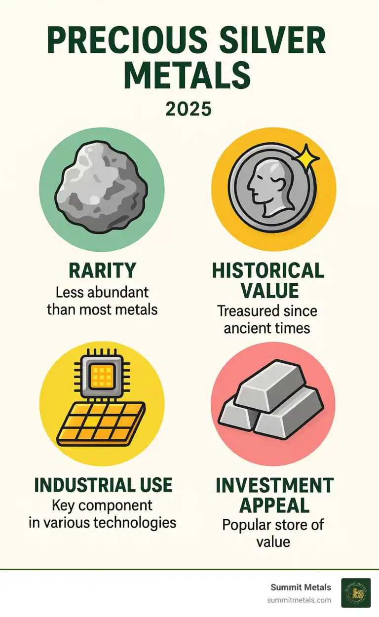 Silver metal infographic highlighting rarity, value, industrial use, and investment appeal.