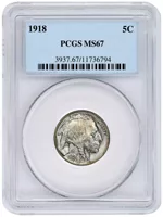 1918 Mercury Dime coin graded MS 67 by PCGS in protective holder.